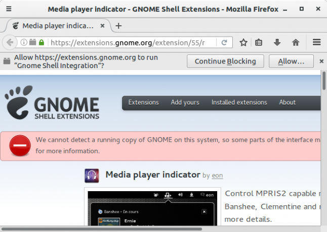 Avertissement d'intégration de Shell Gnome