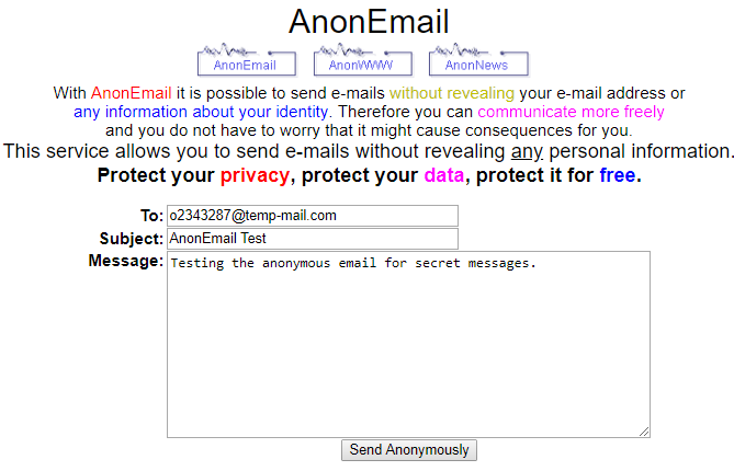 AnonEmail pour envoyer un e-mail anonyme