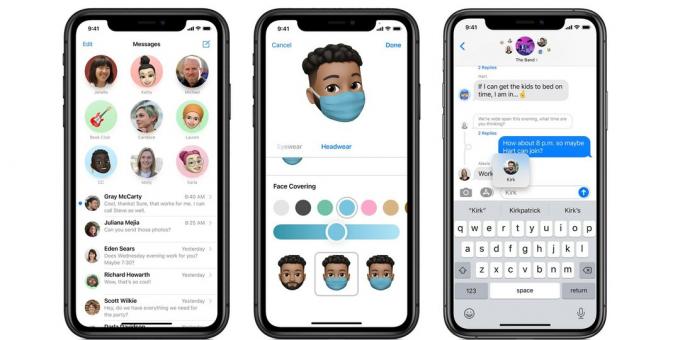 Captures d'écran iPhone de l'application Messages d'Apple, de gauche à droite: discussions épinglées, masque facial pour votre Memoji et mentions dans les discussions de groupe