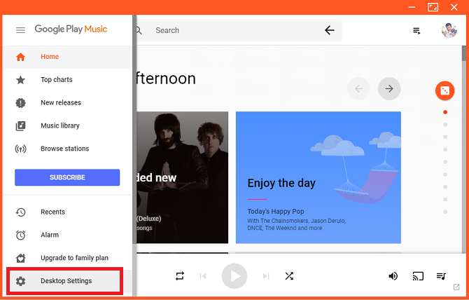 google play music desktop player paramètres du bureau