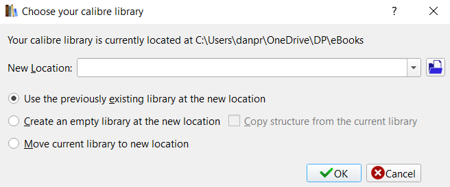 calibre nouvel emplacement de la bibliothèque