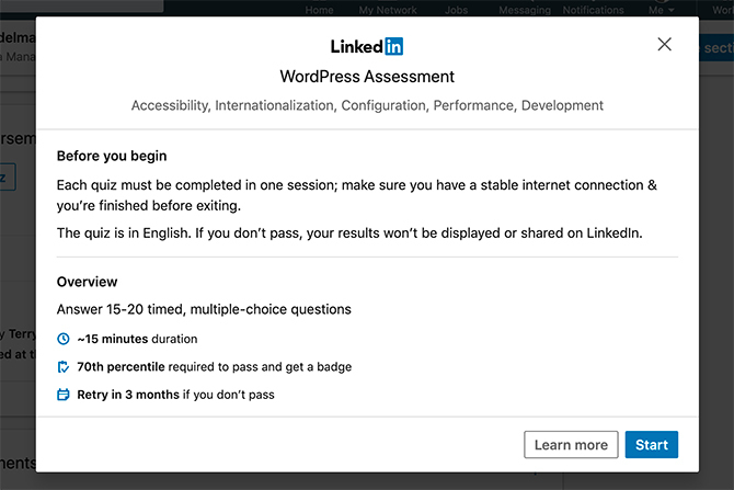 Comment démarrer un quiz de compétences pour les évaluations de compétences LinkedIn