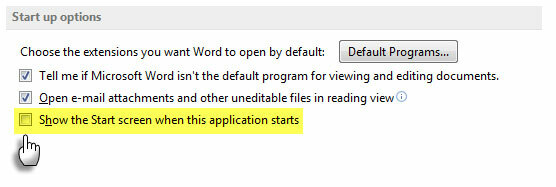 Écran de démarrage de Microsoft Word