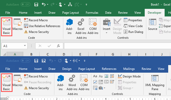 Visual Basic sous l'onglet Développeur dans Microsoft Excel et Microsoft Word