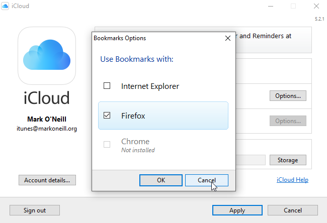 Capture d'écran des options des signets du panneau de configuration iCloud