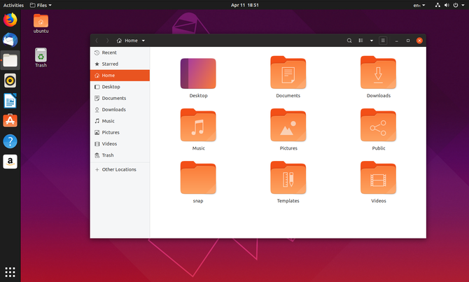 Gestionnaire de fichiers Ubuntu 19.04 avec des icônes de bureau en arrière-plan