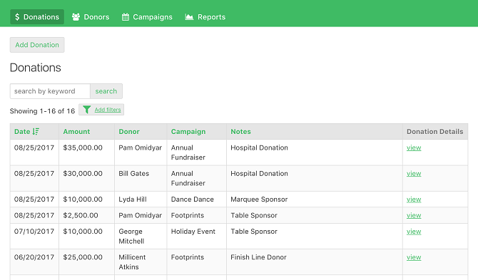 exemple d'application knack donations manager