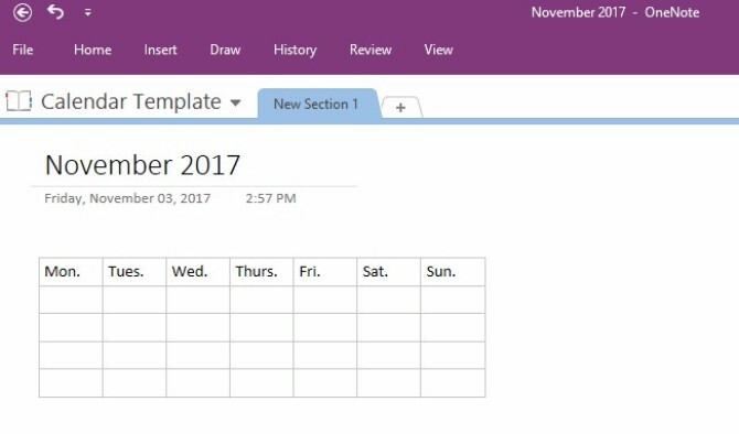 créer un modèle de calendrier onenote