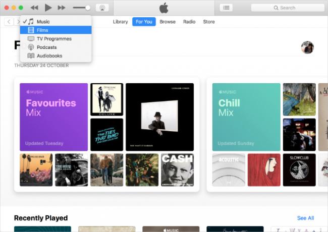 iTunes montrant de la musique, de la télévision et des podcasts avec Apple Music