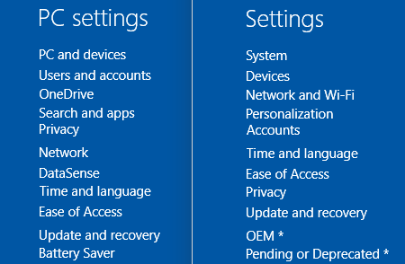 Paramètres zPC de Windows 10 vs. Paramètres PC