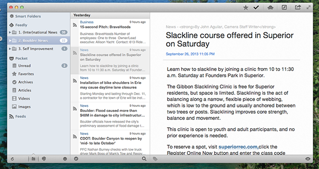 Remplacer le lecteur: 3 meilleurs clients RSS de bureau pour Mac OS X readkit main