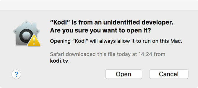 Avertissement de sécurité Kodi Open Mac