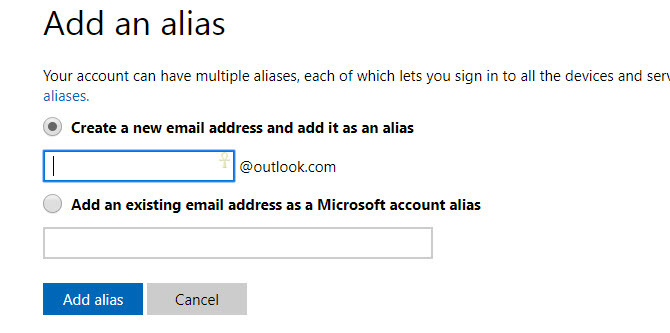 ajouter un alias - email du compte microsoft