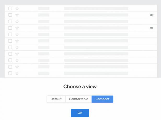 Une capture d'écran des vues de densité d'affichage de Gmail