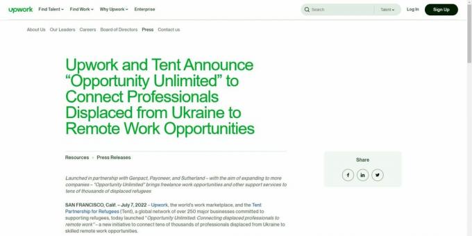 Une image du communiqué de presse d'Upwork annonçant l'initiative