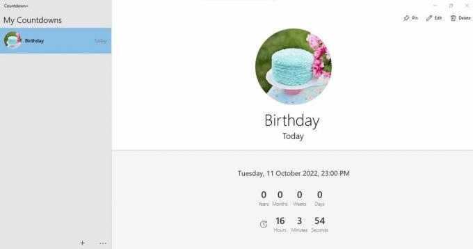 Interface de l'application Countdown+ affichant le compte à rebours d'anniversaire