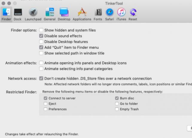 Volet du Finder dans l'outil Tinker sur macOS