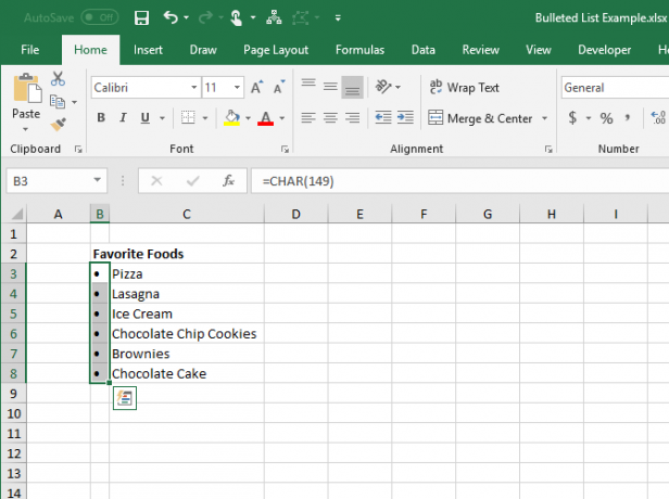 Fonction CHAR entrée dans les cellules dans Excel