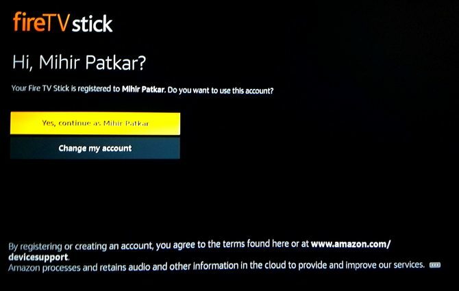 Configuration d'Amazon Fire TV Stick: compte Amazon reconnu