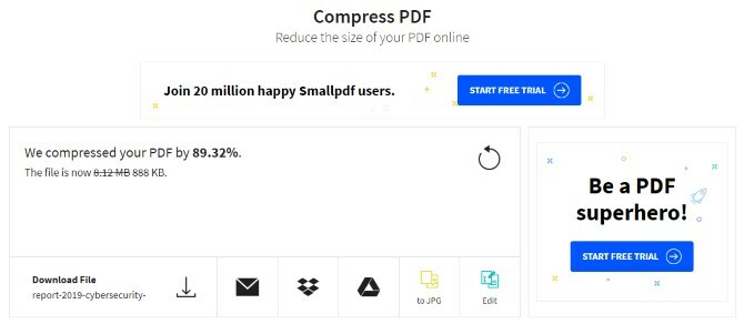 Les résultats d'une compression de fichier avec Compress PDF