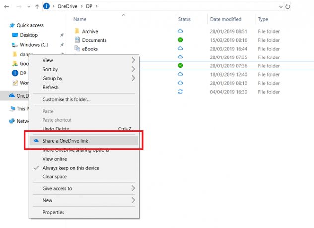 menu de partage onedrive