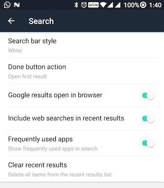 Paramètres de recherche d'Evie Launcher