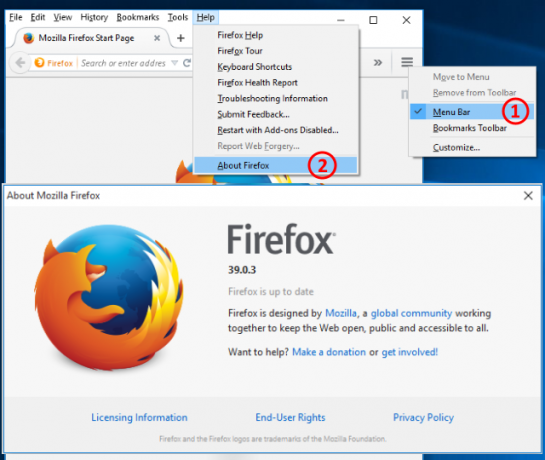 Firefox à propos de la mise à jour