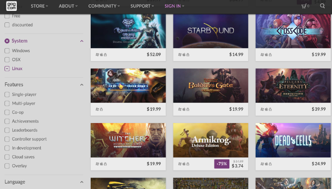 Le site Web de GOG listant les jeux disponibles sur Linux