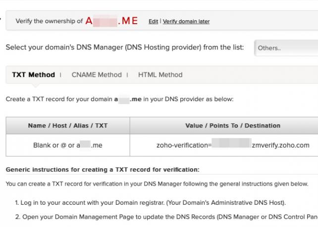 Instructions de Zoho pour vérifier le domaine