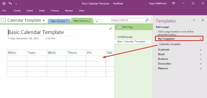 créer un modèle de calendrier onenote