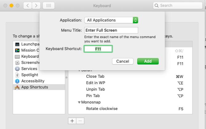 Création de raccourcis pour entrer en plein écran sur macOS