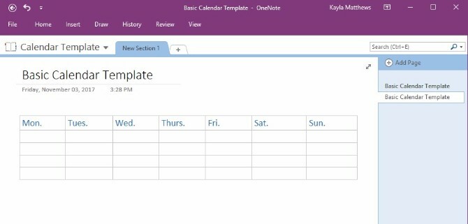 créer un modèle de calendrier onenote