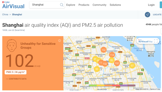 AirVisual affiche l'indice de qualité de l'air dans n'importe quelle ville ainsi que dans certaines parties de la ville