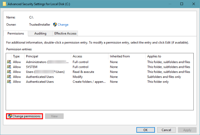 paramètres de sécurité avancés du disque Windows