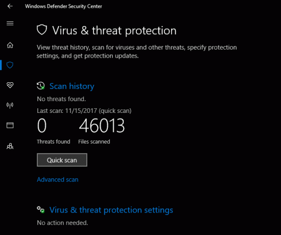 Protection contre les virus et les menaces de Windows Defender Security Center