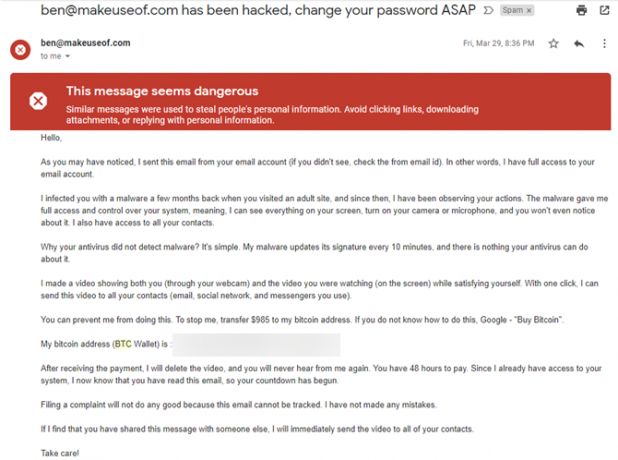 Email d'extorsion de Bitcoin 1