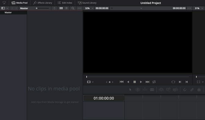 HitFilm Express contre. DaVinci Resolve - Fenêtre principale de DaVinci Resolve