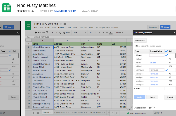 modules complémentaires google sheets - Recherche de correspondances floues