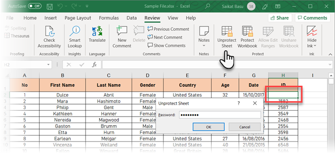 Cliquez sur Déprotéger la feuille dans Excel