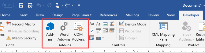 Section Compléments sous l'onglet Développeur dans Microsoft Word