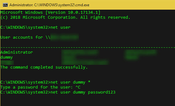 Commande NET USER pour modifier le mot de passe Windows via l'invite CMD.exe.