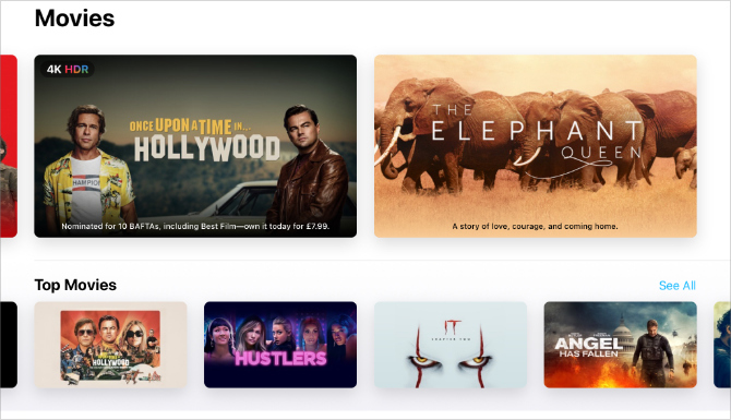 L'application Apple TV montre les derniers films