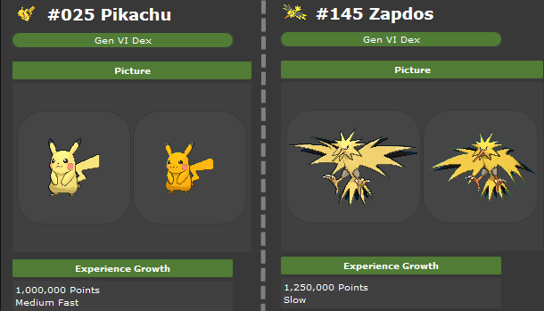 Comparaison de deux Pokémon XP