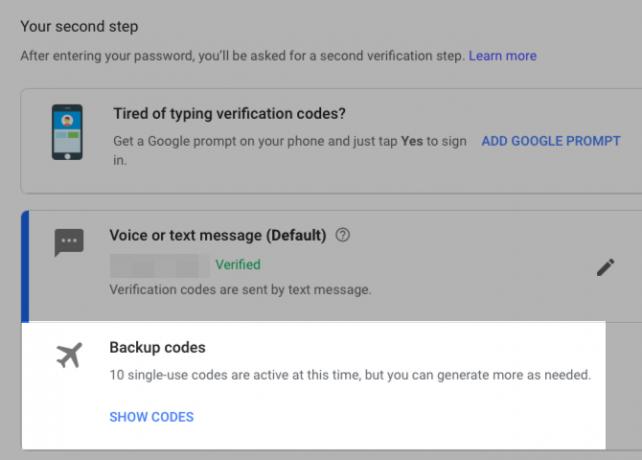 Section des codes de sauvegarde lorsque 2FA est activé pour le compte Google