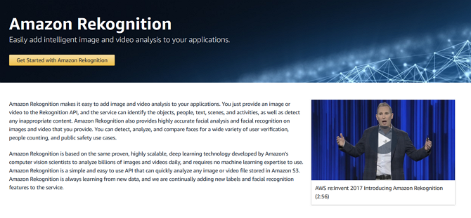Capture d'écran du site Web de marketing d'Amazon Rekognition 