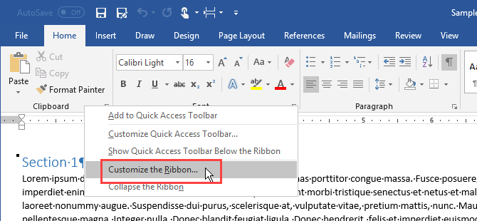 Cliquez avec le bouton droit sur le ruban dans Microsoft Word et sélectionnez Personnaliser le ruban