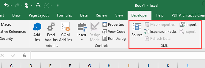 Section XML sur l'onglet Développeur dans Microsoft Excel