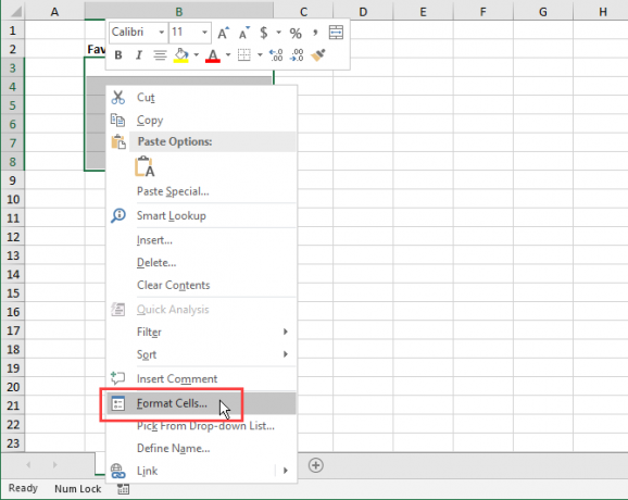 Sélectionnez Formater les cellules dans le menu contextuel dans Excel