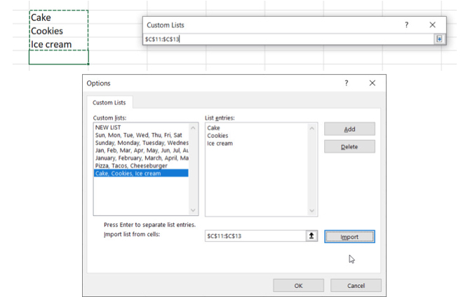 Cellules d'importation de liste personnalisée Excel