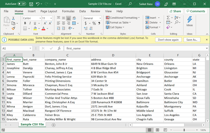 Fichier CSV ouvert dans Excel